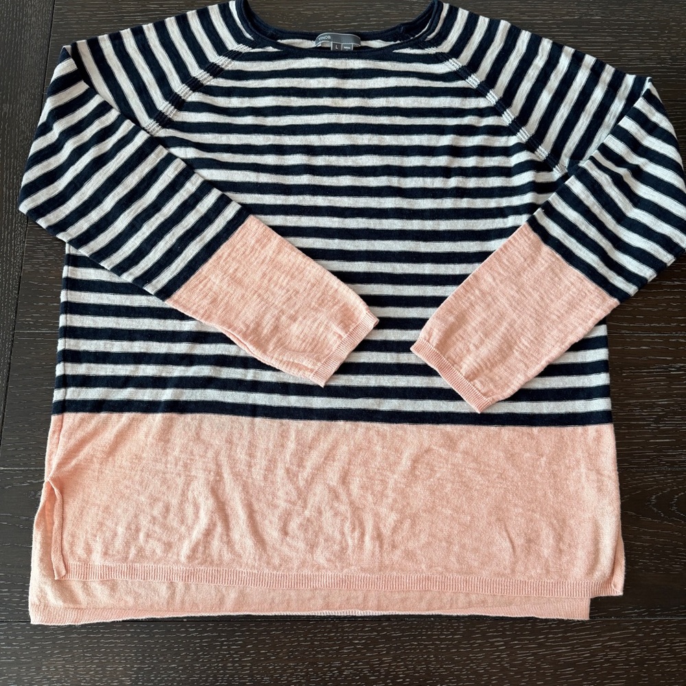 Vince‎ Women’s Colorblock Stripe Slub Cotton Sweater Large Navy, Cream & Peach